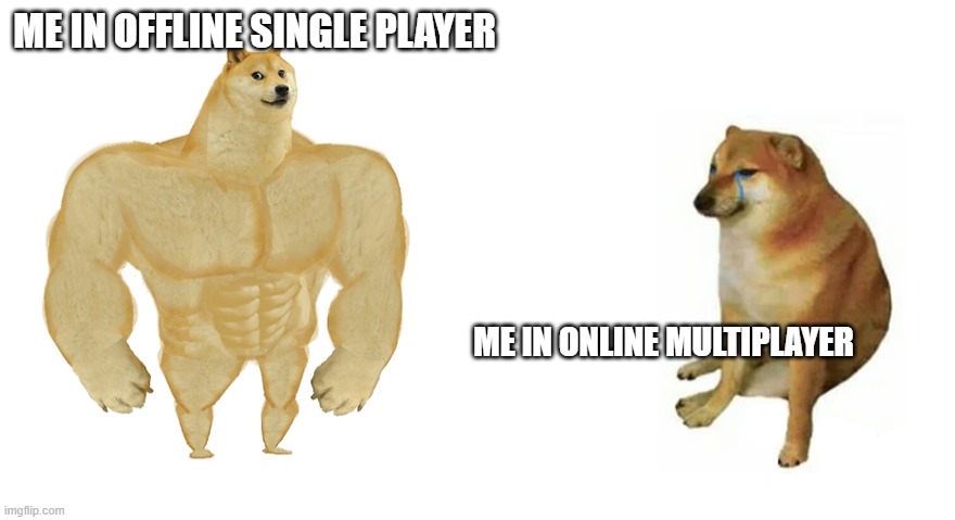 Buff Doge vs Crying Cheems | ME IN OFFLINE SINGLE PLAYER; ME IN ONLINE MULTIPLAYER | image tagged in buff doge vs crying cheems | made w/ Imgflip meme maker