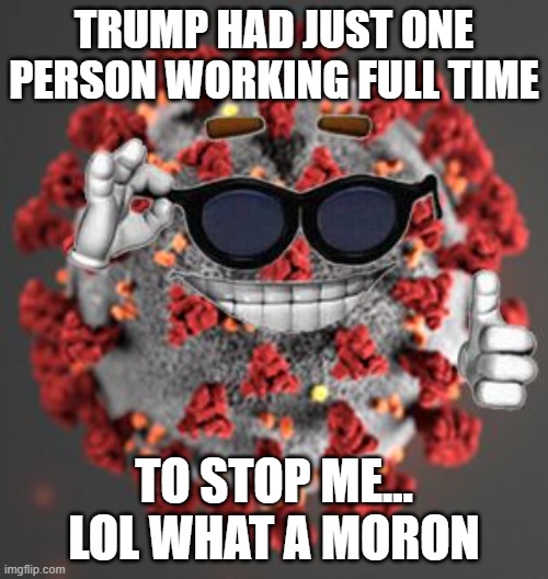 Is it murder? | TRUMP HAD JUST ONE PERSON WORKING FULL TIME; TO STOP ME... LOL WHAT A MORON | image tagged in coronavirus,memes,politics,murder,donald trump is an idiot,lock him up | made w/ Imgflip meme maker