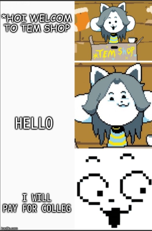 i cant stand her cry | *HOI WELCOM TO TEM SHOP; HELLO; I WILL PAY FOR COLLEG | image tagged in undertale,temmie,college | made w/ Imgflip meme maker