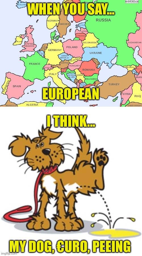 You Say It, I’ll Think It | WHEN YOU SAY... EUROPEAN; I THINK... MY DOG, €URO, PEEING | image tagged in thoughts | made w/ Imgflip meme maker