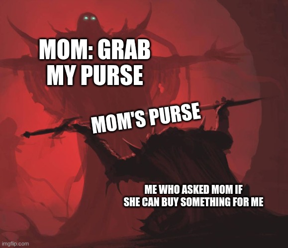 Man giving sword to larger man | MOM: GRAB MY PURSE; MOM'S PURSE; ME WHO ASKED MOM IF SHE CAN BUY SOMETHING FOR ME | image tagged in man giving sword to larger man | made w/ Imgflip meme maker