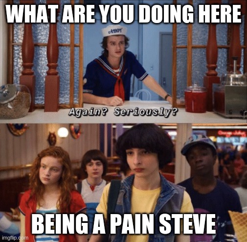 again? seriously? | WHAT ARE YOU DOING HERE; BEING A PAIN STEVE | image tagged in again seriously | made w/ Imgflip meme maker