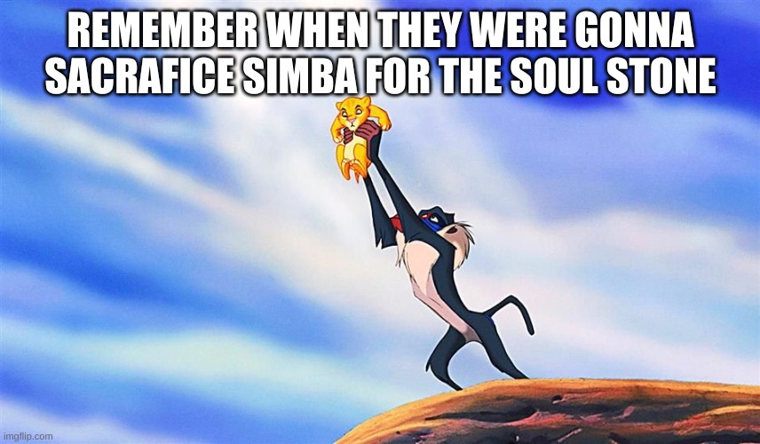 Lion King Rafiki Simba | REMEMBER WHEN THEY WERE GONNA SACRAFICE SIMBA FOR THE SOUL STONE | image tagged in lion king rafiki simba | made w/ Imgflip meme maker