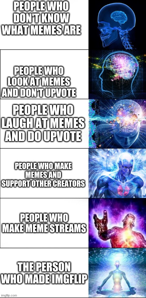 Relatable somewhat | PEOPLE WHO DON'T KNOW WHAT MEMES ARE; PEOPLE WHO LOOK AT MEMES AND DON'T UPVOTE; PEOPLE WHO LAUGH AT MEMES AND DO UPVOTE; PEOPLE WHO MAKE MEMES AND SUPPORT OTHER CREATORS; PEOPLE WHO MAKE MEME STREAMS; THE PERSON WHO MADE IMGFLIP | image tagged in expanding brain | made w/ Imgflip meme maker