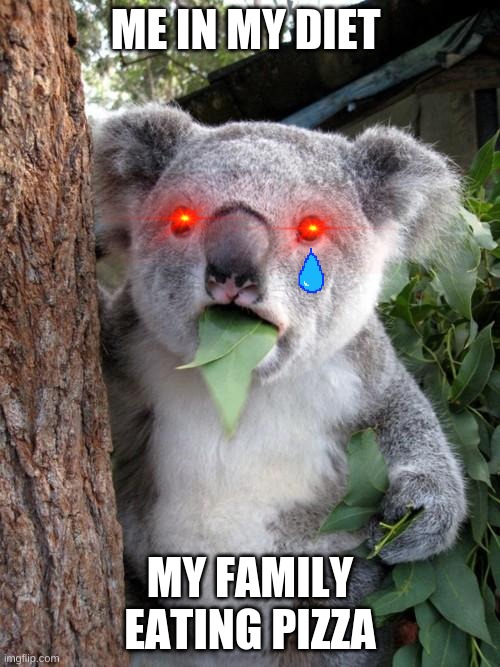 Surprised Koala Meme | ME IN MY DIET; MY FAMILY EATING PIZZA | image tagged in memes,surprised koala | made w/ Imgflip meme maker