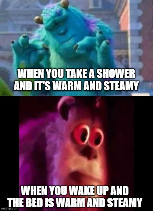 Sully is too old to wet the bed >:( | WHEN YOU TAKE A SHOWER AND IT'S WARM AND STEAMY; WHEN YOU WAKE UP AND THE BED IS WARM AND STEAMY | image tagged in sully shutdown,sully groan,pee,memes,funny memes,funny | made w/ Imgflip meme maker