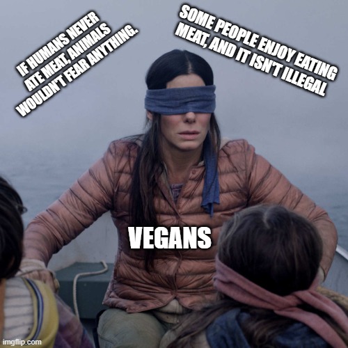 Bird Box | IF HUMANS NEVER ATE MEAT, ANIMALS WOULDN'T FEAR ANYTHING. SOME PEOPLE ENJOY EATING MEAT, AND IT ISN'T ILLEGAL; VEGANS | image tagged in memes,bird box | made w/ Imgflip meme maker