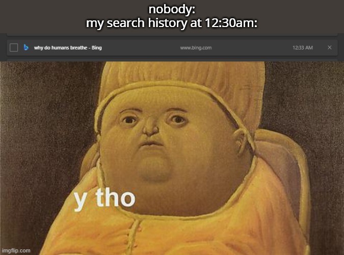 what was i thinking- | nobody:
my search history at 12:30am: | image tagged in y tho | made w/ Imgflip meme maker