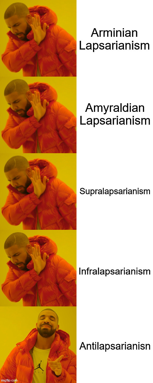 Arminian Lapsarianism; Amyraldian Lapsarianism; Supralapsarianism; Infralapsarianism; Antilapsarianisn | image tagged in memes,drake hotline bling | made w/ Imgflip meme maker