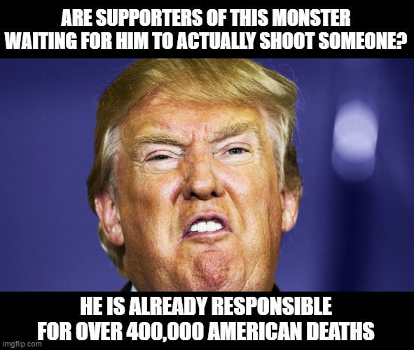 CONVICT this TRAITOR with the Impeachment for Inciting an Insurrection | ARE SUPPORTERS OF THIS MONSTER WAITING FOR HIM TO ACTUALLY SHOOT SOMEONE? HE IS ALREADY RESPONSIBLE FOR OVER 400,000 AMERICAN DEATHS | image tagged in murderer,traitor,liar,conman,criminal,psychopath | made w/ Imgflip meme maker