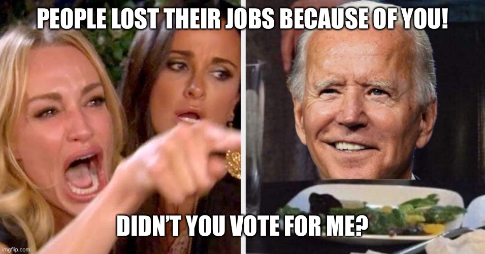 Woman Yelling at Cat - Biden | PEOPLE LOST THEIR JOBS BECAUSE OF YOU! DIDN’T YOU VOTE FOR ME? | image tagged in woman yelling at cat - biden | made w/ Imgflip meme maker