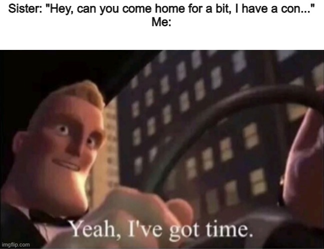 Yeah I’ve got time. | Sister: "Hey, can you come home for a bit, I have a con..."
Me: | image tagged in yeah i ve got time,alabama | made w/ Imgflip meme maker