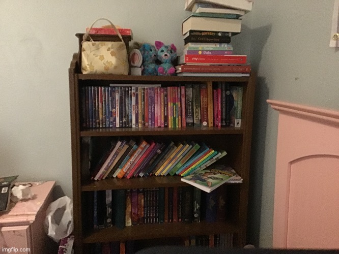 Bookshelf reveal for 140 followers don’t mind the pink bed thing and nightstand  imma paint it white soon lol | made w/ Imgflip meme maker