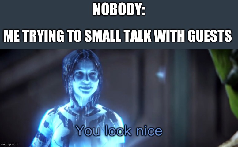 You look nice | NOBODY:; ME TRYING TO SMALL TALK WITH GUESTS | image tagged in you look nice | made w/ Imgflip meme maker