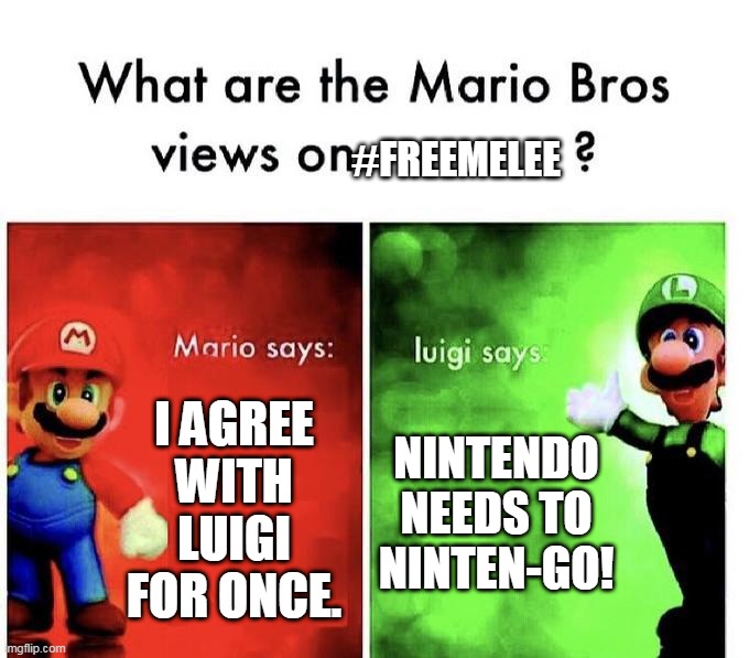 Melee | #FREEMELEE; I AGREE WITH LUIGI FOR ONCE. NINTENDO NEEDS TO NINTEN-GO! | image tagged in mario bros views | made w/ Imgflip meme maker