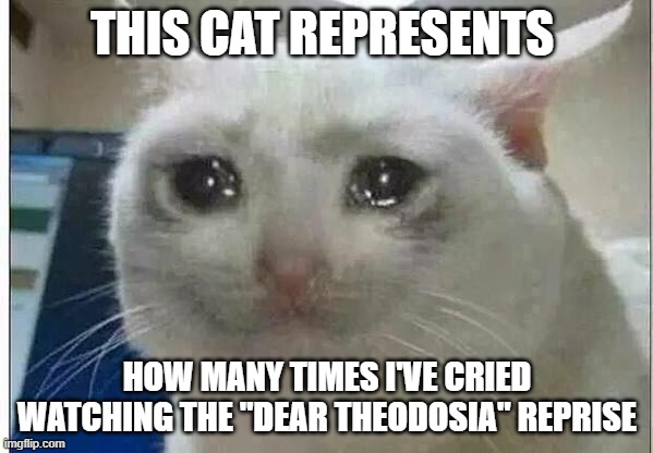 crying cat | THIS CAT REPRESENTS; HOW MANY TIMES I'VE CRIED WATCHING THE "DEAR THEODOSIA" REPRISE | image tagged in crying cat | made w/ Imgflip meme maker