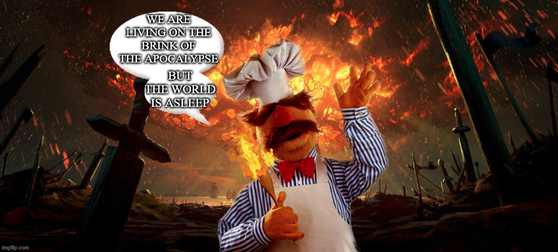Apocalyptic Sweedish Chef | WE ARE LIVING ON THE BRINK OF THE APOCALYPSE; BUT THE WORLD IS ASLEEP | image tagged in muppets,apocalypse | made w/ Imgflip meme maker