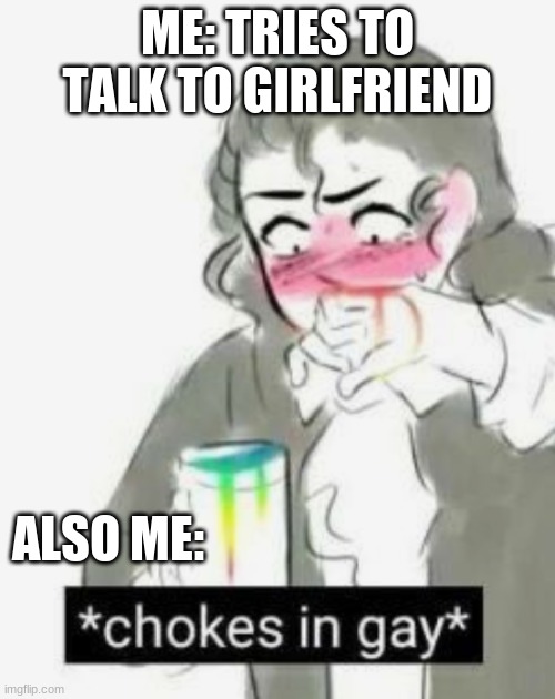 chokes in gay | ME: TRIES TO TALK TO GIRLFRIEND; ALSO ME: | image tagged in chokes in gay | made w/ Imgflip meme maker
