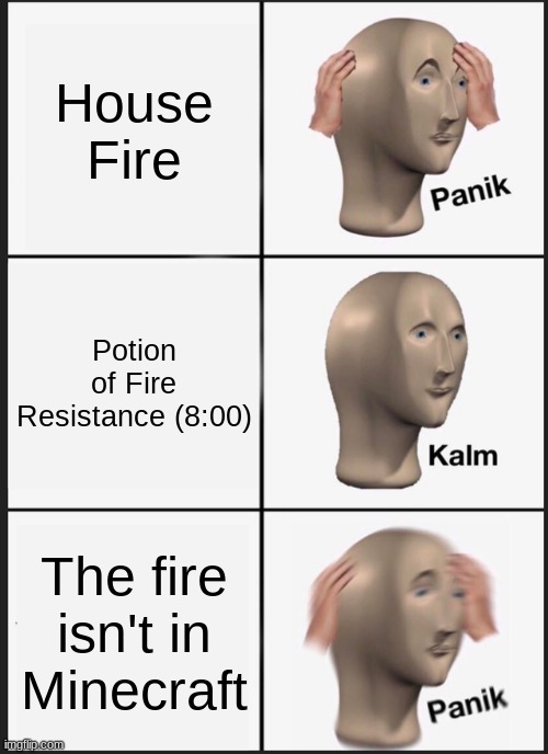 Minecraft Fire | House Fire; Potion of Fire Resistance (8:00); The fire isn't in Minecraft | image tagged in memes,panik kalm panik,fire,minecraft,real life | made w/ Imgflip meme maker