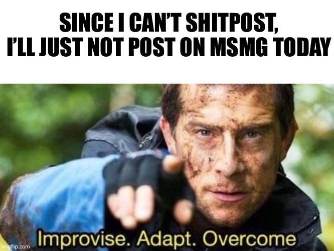 Big Brain | SINCE I CAN’T SHITPOST, I’LL JUST NOT POST ON MSMG TODAY | image tagged in improvise adapt overcome | made w/ Imgflip meme maker
