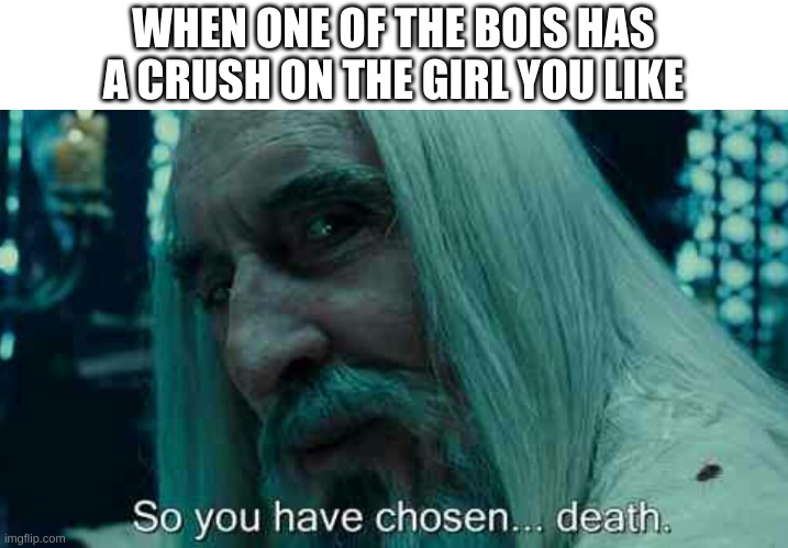 its war boi | WHEN ONE OF THE BOIS HAS A CRUSH ON THE GIRL YOU LIKE | image tagged in so you have chosen death,me and the boys | made w/ Imgflip meme maker