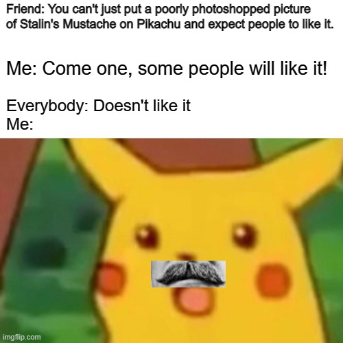 Surprised Pikachu Meme | Friend: You can't just put a poorly photoshopped picture of Stalin's Mustache on Pikachu and expect people to like it. Me: Come one, some people will like it! Everybody: Doesn't like it
Me: | image tagged in memes,surprised pikachu | made w/ Imgflip meme maker