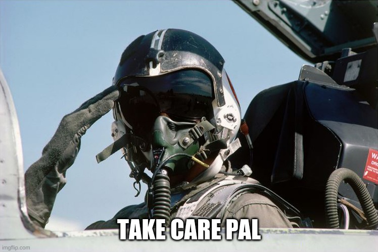 Fighter Jet Pilot Salute | TAKE CARE PAL | image tagged in fighter jet pilot salute | made w/ Imgflip meme maker