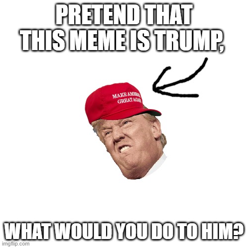 upvote if you supported him, downvote if hated, nothing if not supported, comment what you would want to say to him, and flag if | PRETEND THAT THIS MEME IS TRUMP, WHAT WOULD YOU DO TO HIM? | image tagged in memes,blank transparent square,trump | made w/ Imgflip meme maker