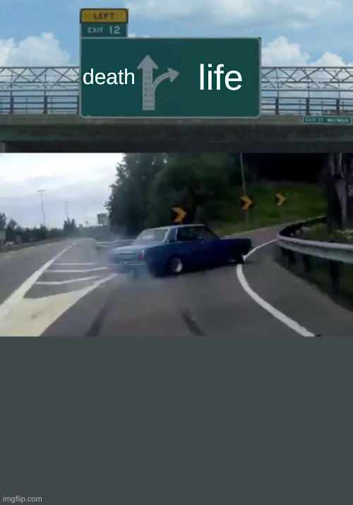 car |  death; life | image tagged in memes,left exit 12 off ramp | made w/ Imgflip meme maker