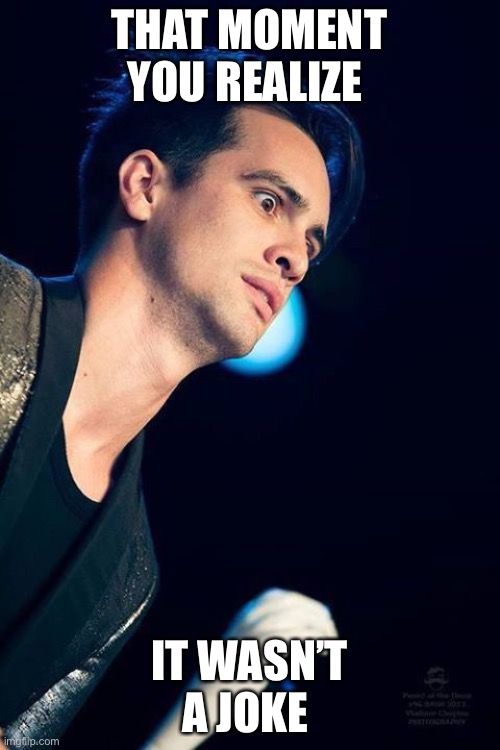 brendon urie panic at the disco | THAT MOMENT YOU REALIZE; IT WASN’T A JOKE | image tagged in brendon urie panic at the disco | made w/ Imgflip meme maker