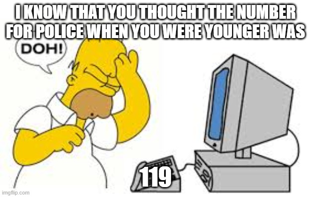 Funny, little kid memes | I KNOW THAT YOU THOUGHT THE NUMBER FOR POLICE WHEN YOU WERE YOUNGER WAS; 119 | image tagged in awesome,like,simpsons | made w/ Imgflip meme maker