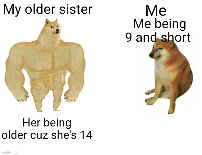 Buff Doge vs. Cheems | My older sister; Me; Me being 9 and short; Her being older cuz she's 14 | image tagged in memes,buff doge vs cheems | made w/ Imgflip meme maker