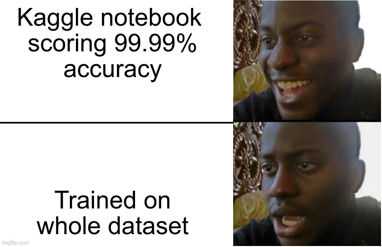 Kaggle notebooks be like | Kaggle notebook 
scoring 99.99%
accuracy; Trained on whole dataset | image tagged in disappointed black guy | made w/ Imgflip meme maker