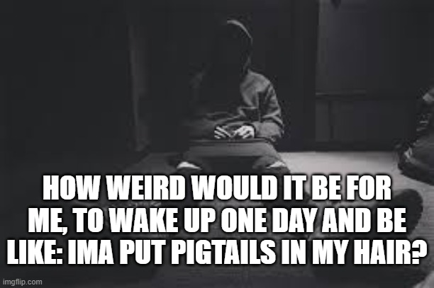 Yeah, cant imagine it either...totally not doing that right now | HOW WEIRD WOULD IT BE FOR ME, TO WAKE UP ONE DAY AND BE LIKE: IMA PUT PIGTAILS IN MY HAIR? | image tagged in nf sad,dont even question me | made w/ Imgflip meme maker