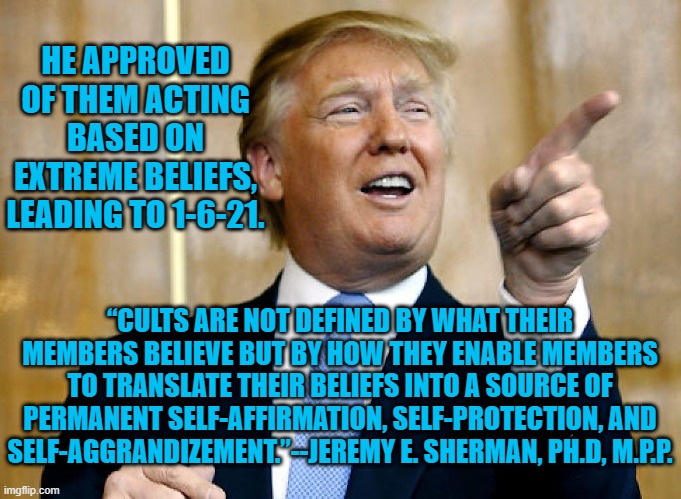 If It Quacks Like A Cult..... | HE APPROVED OF THEM ACTING BASED ON EXTREME BELIEFS, LEADING TO 1-6-21. “CULTS ARE NOT DEFINED BY WHAT THEIR MEMBERS BELIEVE BUT BY HOW THEY ENABLE MEMBERS TO TRANSLATE THEIR BELIEFS INTO A SOURCE OF PERMANENT SELF-AFFIRMATION, SELF-PROTECTION, AND SELF-AGGRANDIZEMENT.”--JEREMY E. SHERMAN, PH.D, M.P.P. | image tagged in politics | made w/ Imgflip meme maker