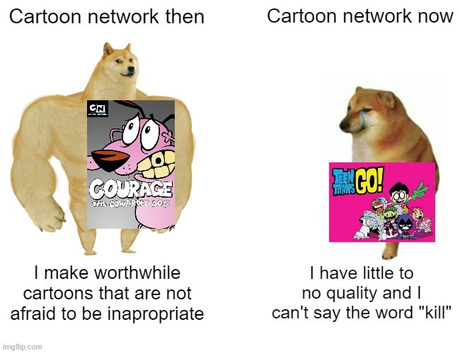 Buff Doge vs. Cheems Meme | Cartoon network then; Cartoon network now; I make worthwhile cartoons that are not afraid to be inapropriate; I have little to no quality and I can't say the word "kill" | image tagged in memes,buff doge vs cheems | made w/ Imgflip meme maker