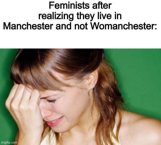 Top ten sad of all time |  Feminists after realizing they live in Manchester and not Womanchester: | image tagged in crying woman,manchester,feminist | made w/ Imgflip meme maker