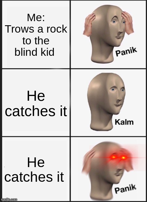 Blind kid | Me: Trows a rock to the blind kid; He catches it; He catches it | image tagged in memes,panik kalm panik,Memes_Of_The_Dank | made w/ Imgflip meme maker