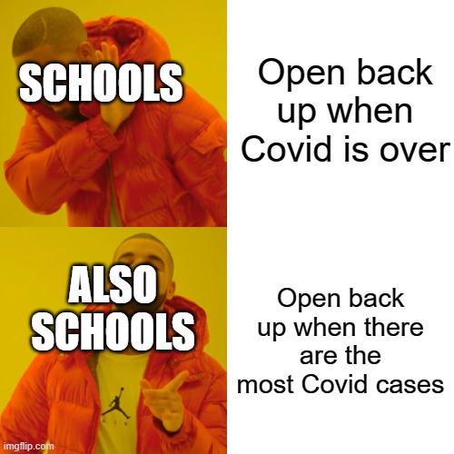 Schools | Open back up when Covid is over; SCHOOLS; Open back up when there are the most Covid cases; ALSO SCHOOLS | image tagged in memes,drake hotline bling,school | made w/ Imgflip meme maker