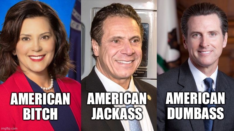 The Three Socialist Stooges | AMERICAN JACKASS; AMERICAN DUMBASS; AMERICAN BITCH | image tagged in whitmer cuomo newsom,memes,jackass,socialist,idiot,three stooges | made w/ Imgflip meme maker