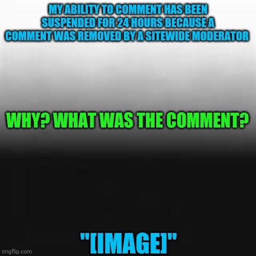 Do I get a prize if I guess which and why? | MY ABILITY TO COMMENT HAS BEEN SUSPENDED FOR 24 HOURS BECAUSE A COMMENT WAS REMOVED BY A SITEWIDE MODERATOR; WHY? WHAT WAS THE COMMENT? "[IMAGE]" | image tagged in clarity,please | made w/ Imgflip meme maker