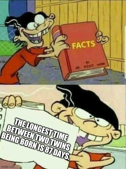 Double d facts book  | THE LONGEST TIME BETWEEN TWO TWINS BEING BORN IS 87 DAYS. | image tagged in double d facts book | made w/ Imgflip meme maker
