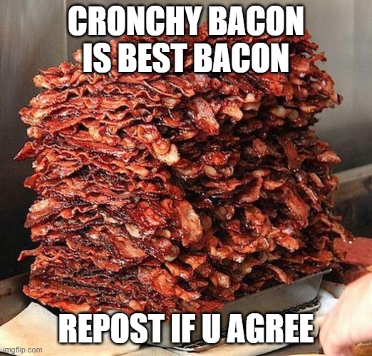 bacon | CRONCHY BACON IS BEST BACON; REPOST IF U AGREE | image tagged in bacon | made w/ Imgflip meme maker