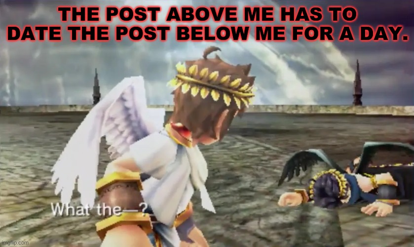 Kid Icarus | THE POST ABOVE ME HAS TO DATE THE POST BELOW ME FOR A DAY. | image tagged in kid icarus | made w/ Imgflip meme maker