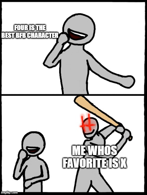 Surprise Bat | FOUR IS THE BEST BFB CHARACTER ME WHOS FAVORITE IS X | image tagged in surprise bat | made w/ Imgflip meme maker