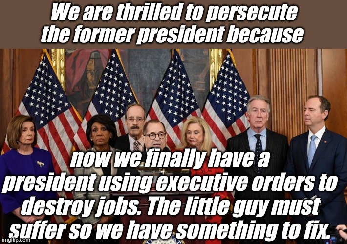 Such a proud day for democrats! Who else can we hurt for absolutely no reason except to consolidate our power. | We are thrilled to persecute the former president because; now we finally have a president using executive orders to destroy jobs. The little guy must suffer so we have something to fix. | image tagged in house democrats | made w/ Imgflip meme maker