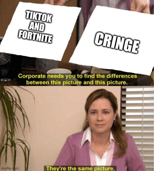 Both are cringe you decide by how much | CRINGE; TIKTOK AND FORTNITE | image tagged in i see no diffrence,tiktok sucks,fortnite sucks,cringe,cringe worthy | made w/ Imgflip meme maker