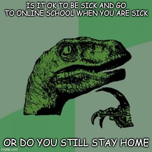 dumb meme | IS IT OK TO BE SICK AND GO TO ONLINE SCHOOL WHEN YOU ARE SICK; OR DO YOU STILL STAY HOME | image tagged in memes,philosoraptor | made w/ Imgflip meme maker