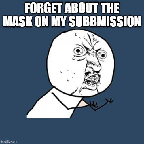 I did not mean to put that there | FORGET ABOUT THE MASK ON MY SUBBMISSION | image tagged in memes,y u no | made w/ Imgflip meme maker