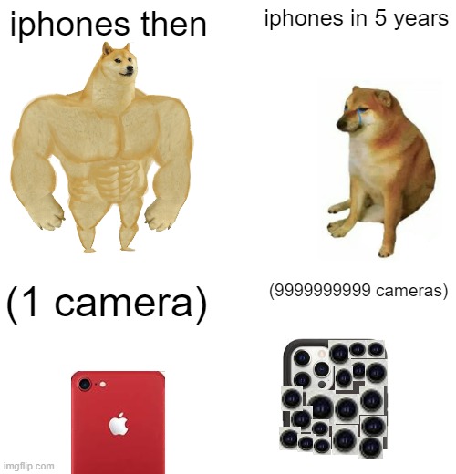 has anyone else noticed this? | iphones in 5 years; iphones then; (9999999999 cameras); (1 camera) | image tagged in memes,buff doge vs cheems | made w/ Imgflip meme maker